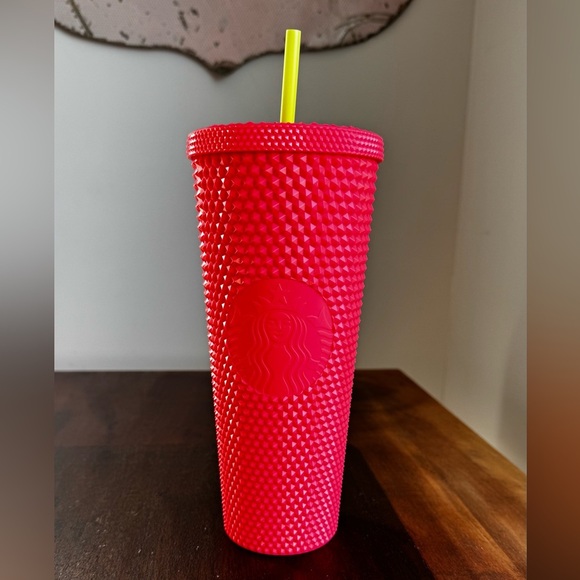 Starbucks studded coral w/neon green straw 24oz Tumbler - Picture 1 of 5